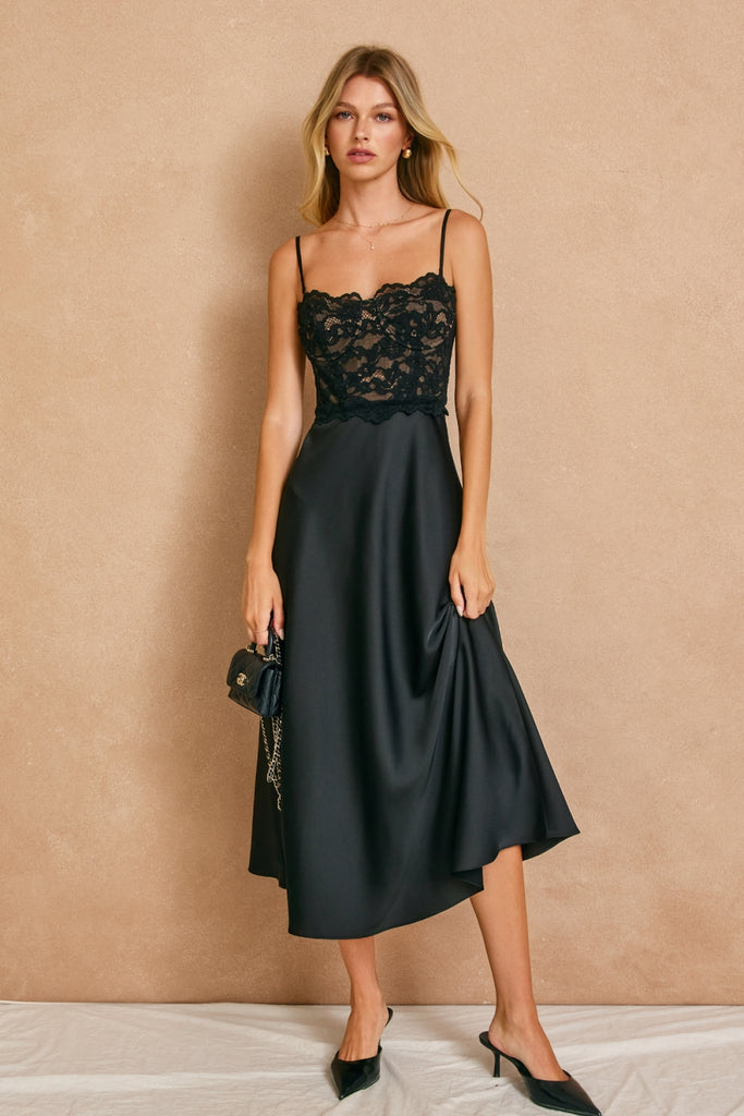 Quiet Luxe Lace Bodice Midi Dress Black / Small