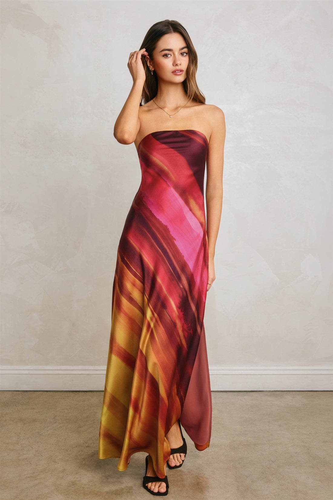 giulia maxi dress in black and cream Printed Satin Strapless – MADISON [CODE: ELEVATE25] How To Look Elevated Capes For Dresses Rose Color:Sea Green Multi this dress is the