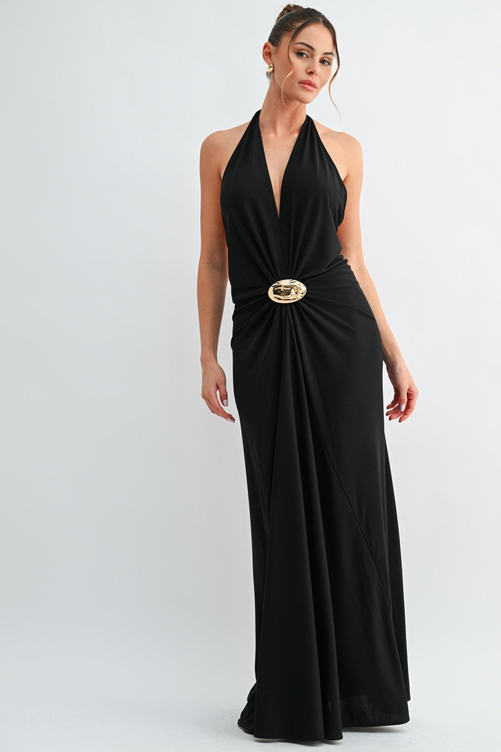 green emerald velvet dress Metallic Criss Cross Halter Neck Gown main image 0