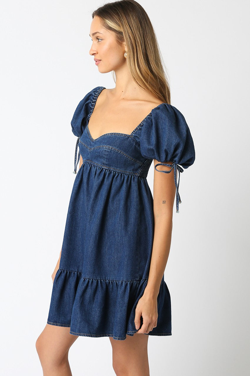 midi dress jumbo soft denim babydoll Dark Denim Washed Babydoll Midi Dress with Bow M