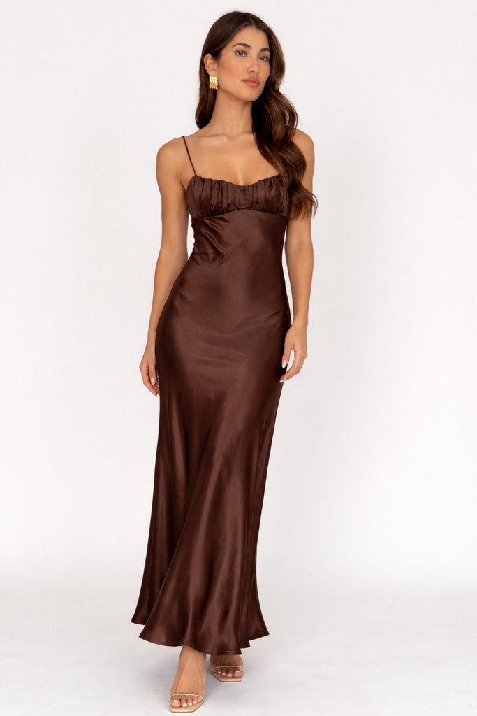 brown satin maxi dress Lilly Sweetheart Satin Maxi Dress / Dark Chocolate | MESHKI